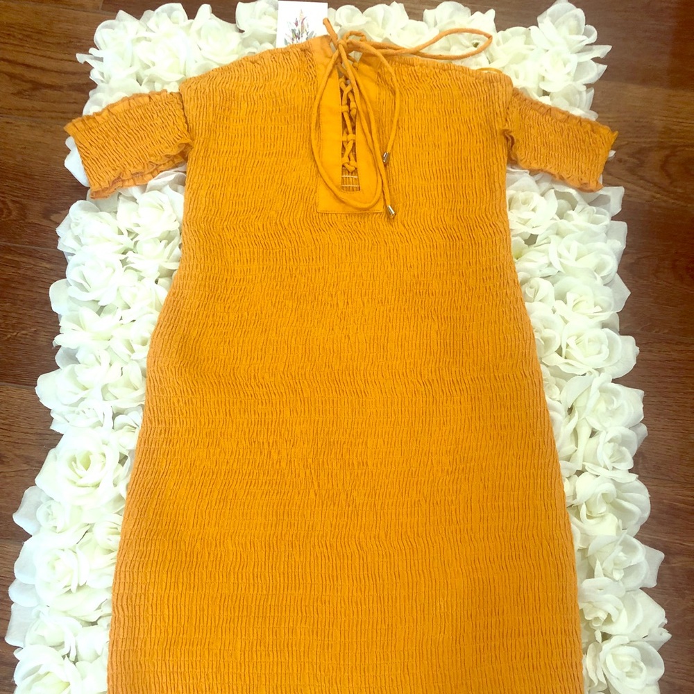 Mustard Smocked Lace Up Dress